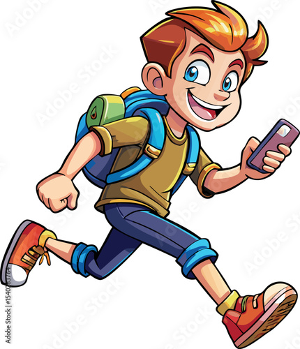 Digital Adventurer: A cartoon illustration of a young boy with a backpack is captured in mid-stride, cheerfully immersed in his phone