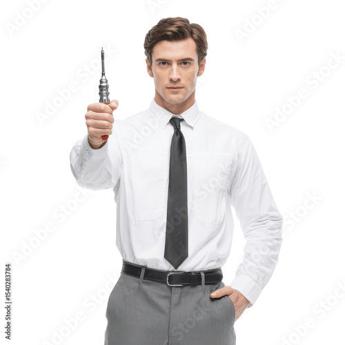 Confident Businessman Holding a Screwdriver, Ready for Action