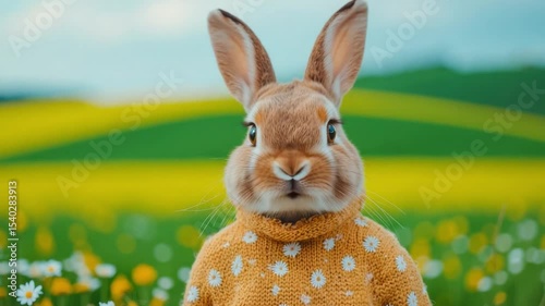 Adorable rabbit wearing a cozy knitted sweater with daisies in a vibrant spring landscape with blooming fields and soft green hills