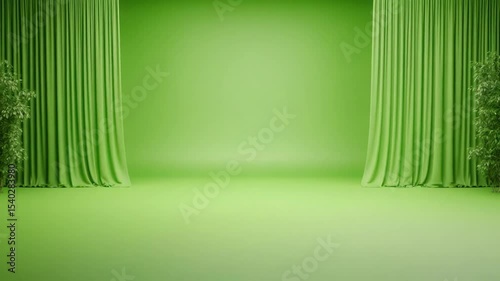 Vibrant Green Background with Curtains and Foliage for Creative Projects and Photography