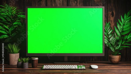 Empty desktop computer monitor with green screen surrounded by plants and coffee cup in modern workspace