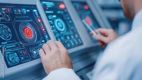 Professional Control Interface with Hands Adjusting High-Tech User Interface Display in Modern Scientific Environment