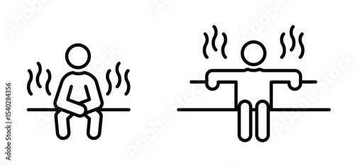 Sauna concept. Spa service, hot steam room or sweat room. Relax of relaxation exercises. Human rest, stick figure man. Human silhouettes. Human rest, stick figure man. Bucket sauna tools