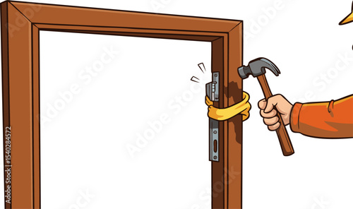 Cartoon Hand Using Hammer to Install Wooden Door Frame