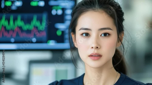 Young professional woman in office setting focusing on data analysis with financial charts in background