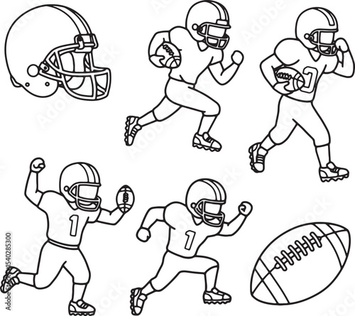 American Football Players Line Art Illustrations of Running Backs, Quarterbacks, and Helmets