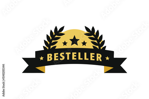 Black and gold bestseller ribbon badge with stars vector art illustration