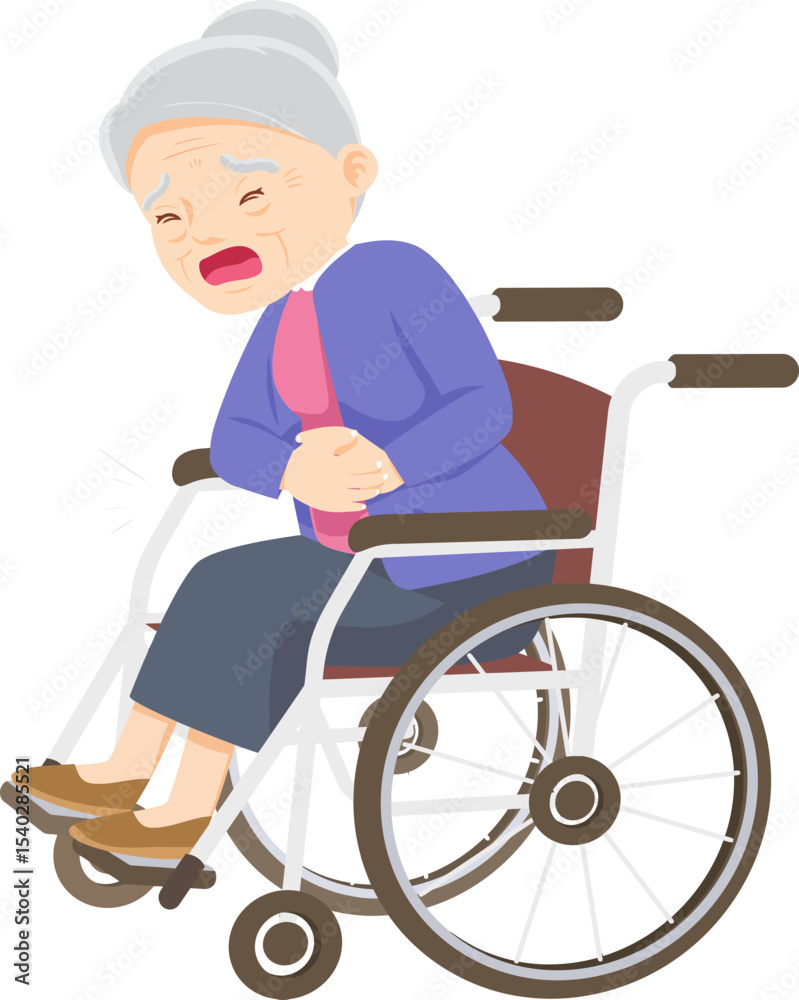 Elderly Woman in Wheelchair with Stomach Ache Elderly Woman in Wheelchair with Stomach Ache