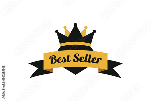 Gold and black best seller logo with crown and ribbon vector art illustration
