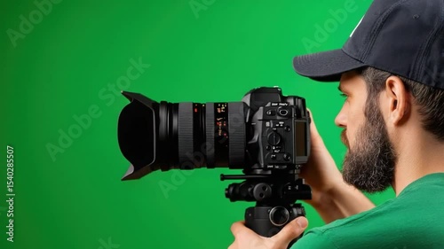 Professional Photographer with Camera Ready for Photo Shoot against Bright Green Screen Background