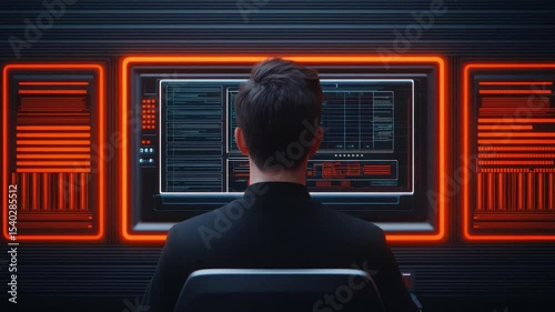 Futuristic Cybersecurity Expert Analyzing Data on High-Tech Monitor with Neon Effects in Modern Workspace