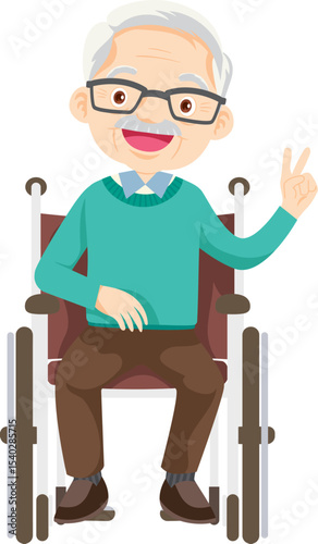 Comfort and Dignity: A cheerful senior citizen comfortably seated in a wheelchair, presenting a gesture of peace and support, symbolizing independence and quality of life.
