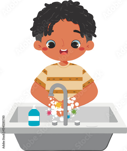 Clean Hands, Healthy Child: An illustrated young boy, captivated in the act of washing hands in a sink, surrounded by soap, and bubbles, epitomizing good hygiene.