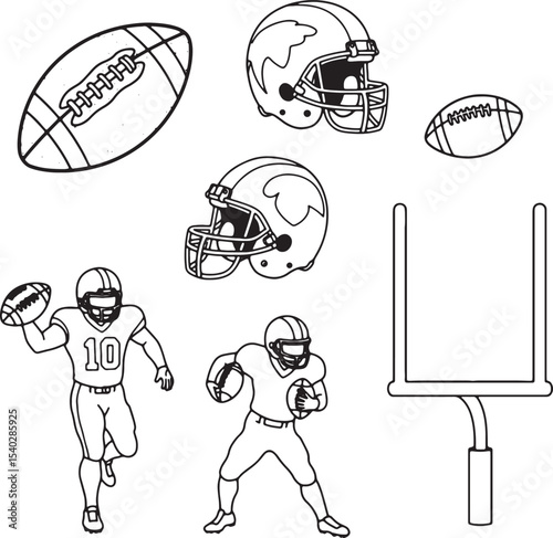 American Football Players, Equipment, and Field Graphics - Coloring Page