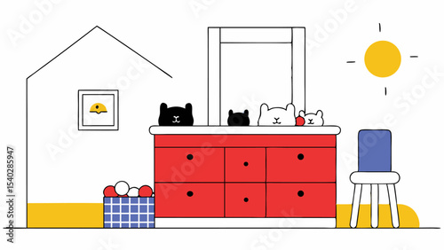 Cute Cats on Red Dresser in Sunny Room