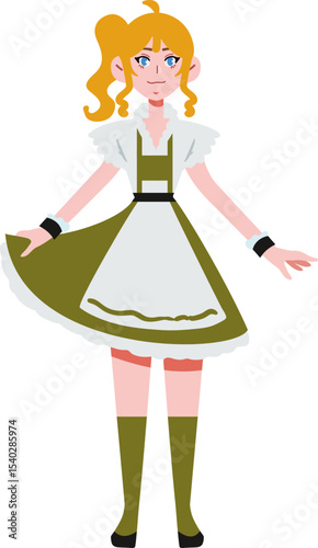 Maiden in Green Dress: A sweet young lady is elegantly dressed in an olive green and white ensemble. Her blonde hair tied up and posed in front of the camera.