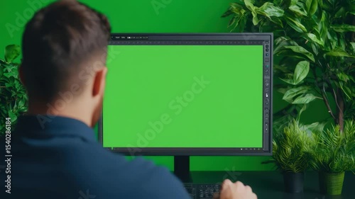 Professional Individual Working on Graphic Design Projects with Empty Green Screen Background and Indoor Plants