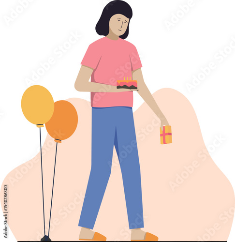 Birthday celebration: A solo woman stands in a flat style, holding a present and cake in the vibrant air of the celebration, hinting at an introspective moment of a special day.
