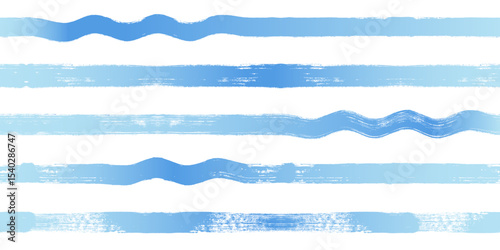 Wave stripes seamless pattern. Hand drawn wavy water lines vector print, textured paint lines with waves, blue watercolor background