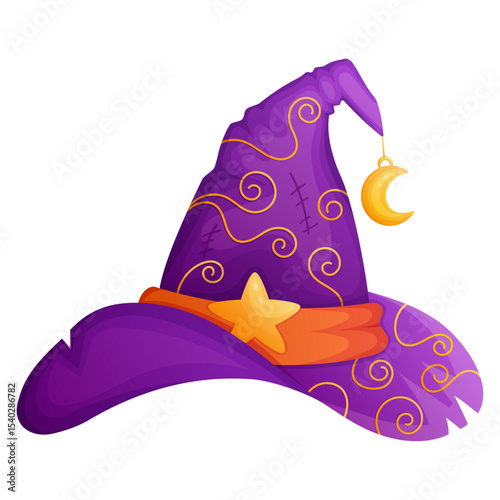 Witch hat cartoon vector illustration decorated with star and moon.  Halloween poster, banner, card, game design element. Magical fantasy accessory.