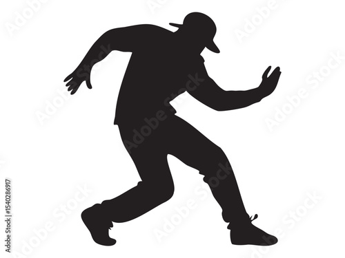 Dynamic black silhouette of dancing man isolated on white background, graphic illustration. concept of movement, hip-hop dancer, street art, design element