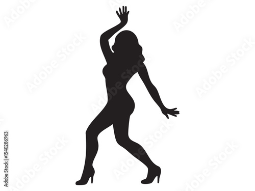 Black silhouette of a woman in dancing pose isolated on white background, graphic illustration. concept of dance, movement, female figure, performance, icon, logo, design element