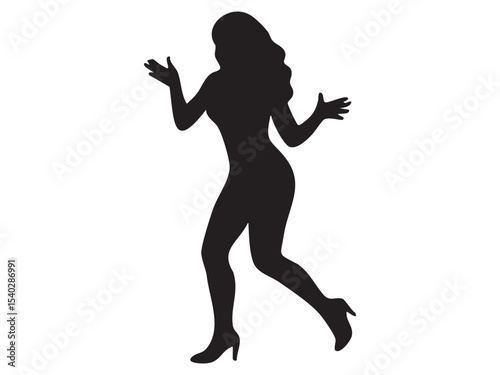 Black silhouette of a woman in a dancing pose, isolated on white background, graphic illustration. concept of dance, movement, female figure, art, silhouette design element