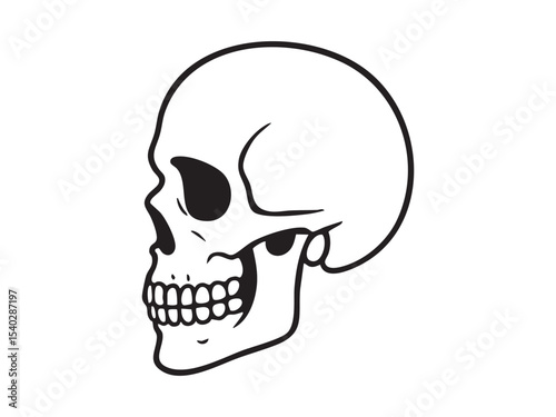 Black outline of human skull in side view, isolated on white background, graphic illustration. concept of anatomy, bone structure, science education, medical icon, halloween decor, death symbol