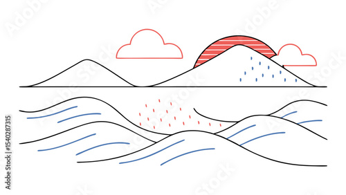 Minimalist Landscape Mountains and Sea at Sunset