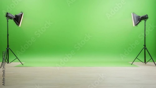Studio setup with bright lights and green backdrop for video production and photography projects in a creative environment