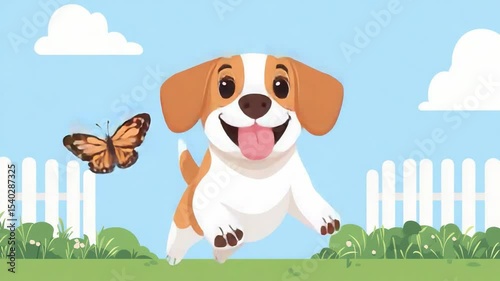 Playful puppy running joyfully in a vibrant garden with butterflies and white picket fence under a clear blue sky