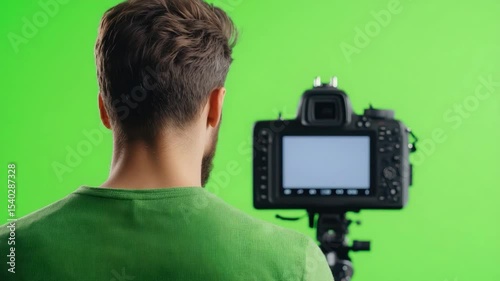 Individual with Short Hair in Green Shirt Standing in Front of Camera on Bright Green Background for Video Production