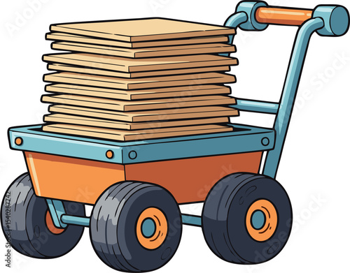 Cartoonish Wooden Plank Cart Loaded with Lumber