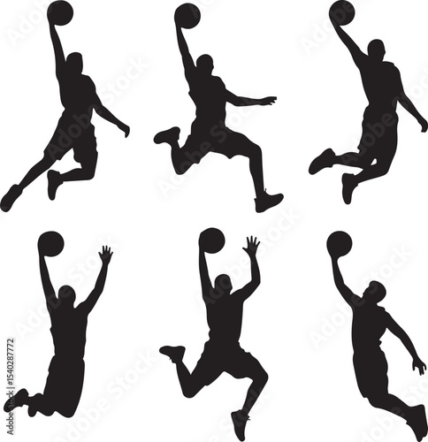 Basketball Slam Dunk Motion Sequence Silhouette — 5 Dynamic Frames of Jump, Flight, Dunk, and Landing — Black Vector Athlete Set on White