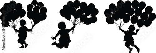 Sets of silhouette children holding bunch of ballon , vector illustration