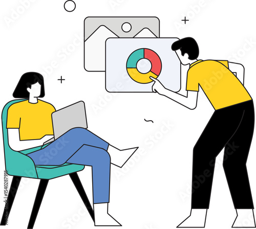 Data Analysis and teamwork: Two figures in casual attire intently focused on data analysis, utilizing both a laptop and visual charts to streamline workflow and encourage communication.