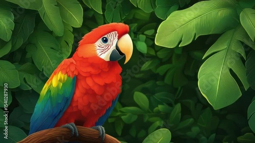 Vibrant Scarlet Macaw Perched on Branch Surrounded by Lush Green Foliage in Tropical Jungle Environment