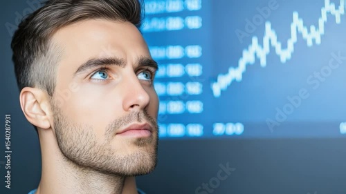 Close-up of a focused young man with blue eyes, studying digital analytics, showing determination and engagement in data analysis