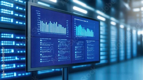 Advanced Data Visualization on Screen in Modern Data Center with Blue LED Lights and Server Racks in Background