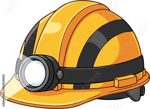 Cartoonish yellow and orange hard hat with a bright headlamp and dark band