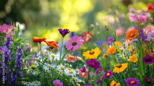 Fototapeta Naklejka Na Ścianę i Meble -  Garden filled with colorful flowers outdoors blossoms scenery.