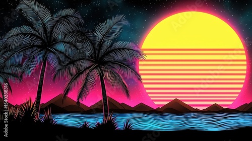 Pixel Art Tropical Sunset Pink and Blue Ocean, Palm Trees, Retro Synthwave Aesthetic
