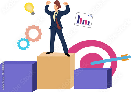 Success and Strategy: Celebrating triumph with a triumphant figure atop a geometric peak, symbolizing milestones, goals, and innovative ideas within a clear and direct visual narrative.