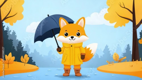 Cute cartoon fox character holding an umbrella with a stylish yellow raincoat in a vibrant autumn landscape