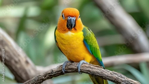 Vibrant Parrot Perched on a Branch with Colorful Feathers in a Natural Green Environment