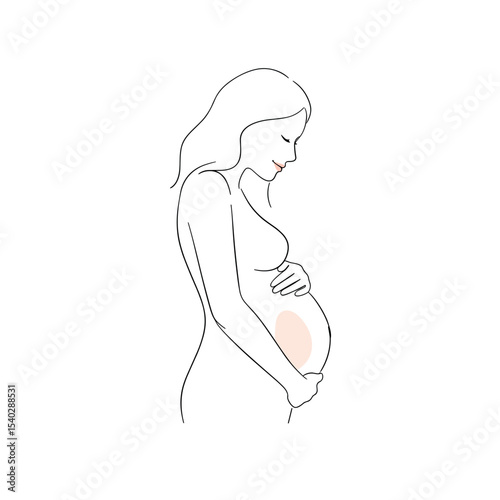 Pregnant woman gently holding her belly while smiling in minimal style  