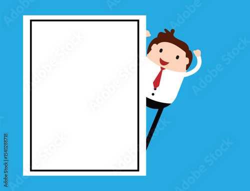 Happy Business Man Character Showing up Behind Poster Smiling. Place for text and advertisement of product concept vector art