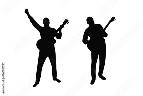 Rock Musician Silhouette with Acoustic Guitar. Art and music people, performing on stage for audience vector art