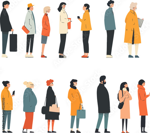 Waiting Line: A diverse group of individuals stands patiently in a line, each with unique attire. The illustration captures a sense of anticipation and everyday life.