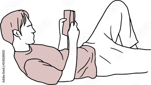 Bookworm's Repose: A person is immersed in the pages of a book, reclining in quietude. Captured in clean vector style, conveying peaceful solitude.